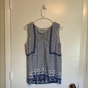 Max Studio Blue White Patterned Sleeveless Top With Tie Tassel Women’s Size L